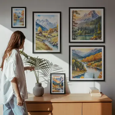 Gallery wall met berglandschappen van het rivierdal