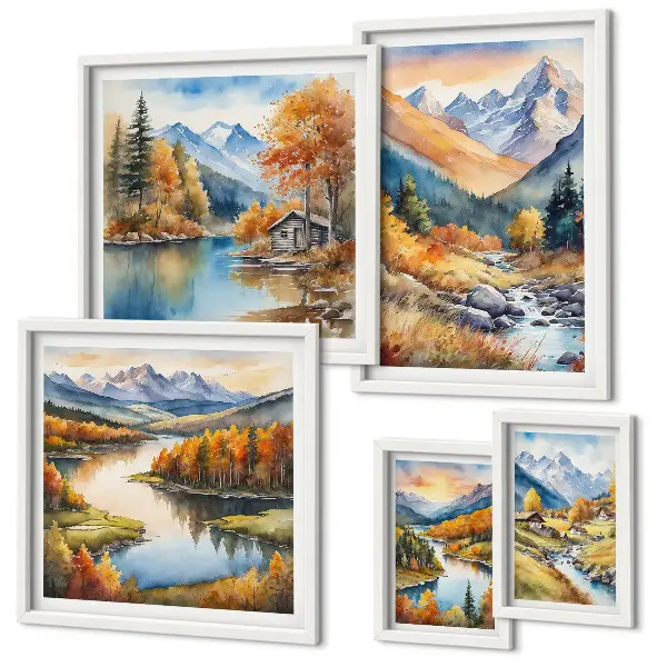 Wanddecoratie van bergen, rivieren en huizen herfstcompositie