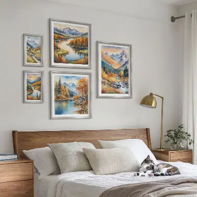 Wanddecoratie van bergen, rivieren en huizen herfstcompositie