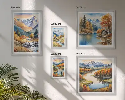 Wanddecoratie van bergen, rivieren en huizen herfstcompositie