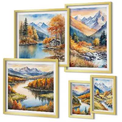 Wanddecoratie van bergen, rivieren en huizen herfstcompositie