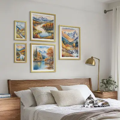 Wanddecoratie van bergen, rivieren en huizen herfstcompositie