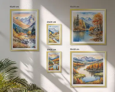 Wanddecoratie van bergen, rivieren en huizen herfstcompositie