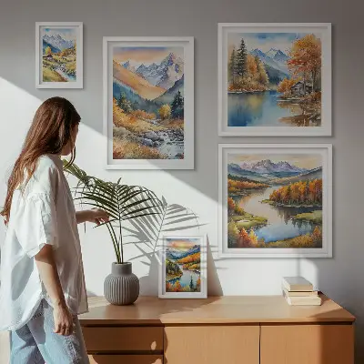 Wanddecoratie van bergen, rivieren en huizen herfstcompositie