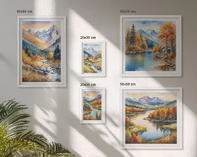 Wanddecoratie van bergen, rivieren en huizen herfstcompositie