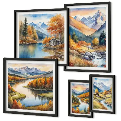 Wanddecoratie van bergen, rivieren en huizen herfstcompositie
