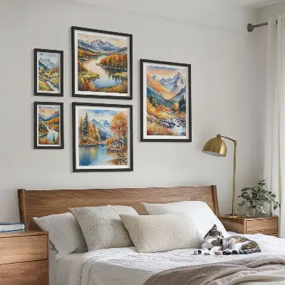 Wanddecoratie van bergen, rivieren en huizen herfstcompositie
