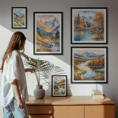 Wanddecoratie van bergen, rivieren en huizen herfstcompositie