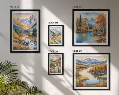 Wanddecoratie van bergen, rivieren en huizen herfstcompositie