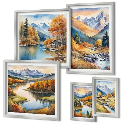 Wanddecoratie van bergen, rivieren en huizen herfstcompositie