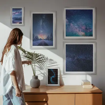 Moderne schilderijen set met kosmische nachtlandschappen