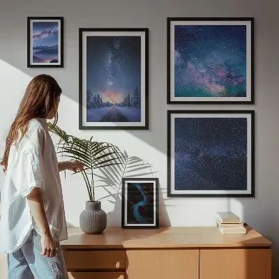 Moderne schilderijen set met kosmische nachtlandschappen