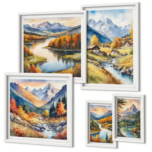 Gallery wall met landschappen van bergen, rivieren en bossen