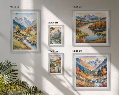 Gallery wall met landschappen van bergen, rivieren en bossen
