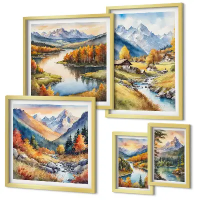 Gallery wall met landschappen van bergen, rivieren en bossen