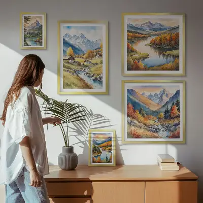 Gallery wall met landschappen van bergen, rivieren en bossen