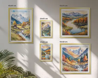 Gallery wall met landschappen van bergen, rivieren en bossen