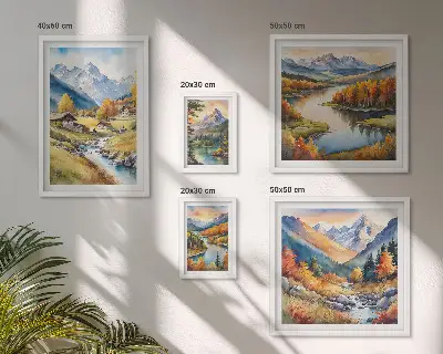 Gallery wall met landschappen van bergen, rivieren en bossen