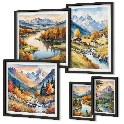 Gallery wall met landschappen van bergen, rivieren en bossen