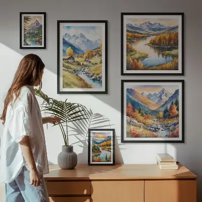 Gallery wall met landschappen van bergen, rivieren en bossen