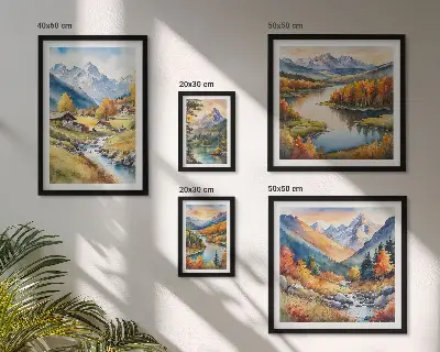 Gallery wall met landschappen van bergen, rivieren en bossen