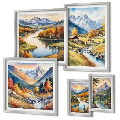 Gallery wall met landschappen van bergen, rivieren en bossen