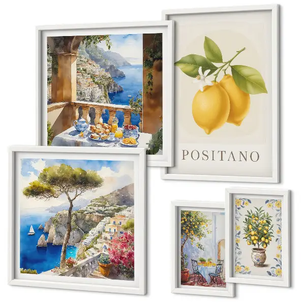 Set van moderne schilderijen met citrusaccenten in mediterrane stijl