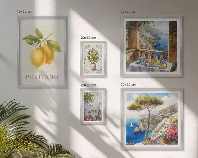 Set van moderne schilderijen met citrusaccenten in mediterrane stijl
