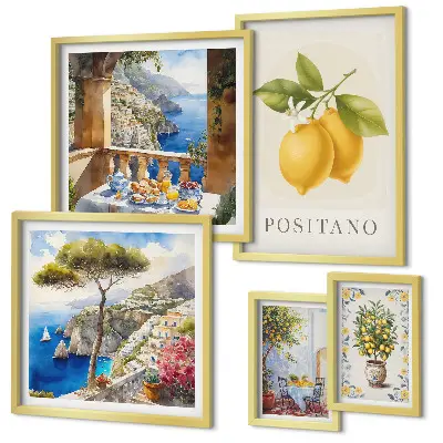 Set van moderne schilderijen met citrusaccenten in mediterrane stijl