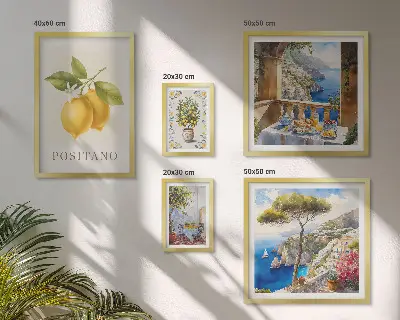 Set van moderne schilderijen met citrusaccenten in mediterrane stijl