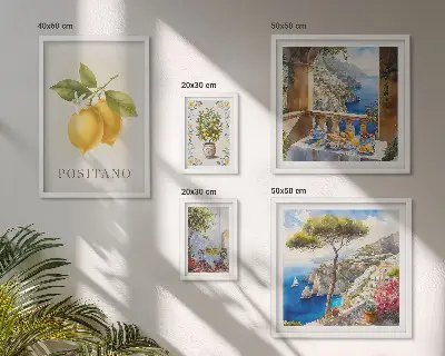 Set van moderne schilderijen met citrusaccenten in mediterrane stijl