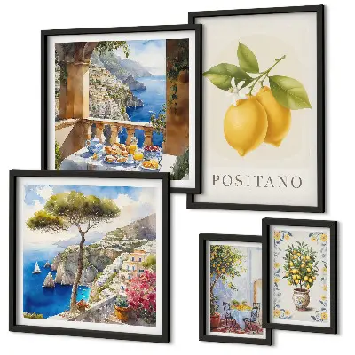 Set van moderne schilderijen met citrusaccenten in mediterrane stijl