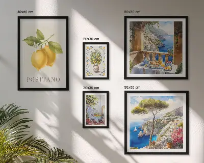 Set van moderne schilderijen met citrusaccenten in mediterrane stijl