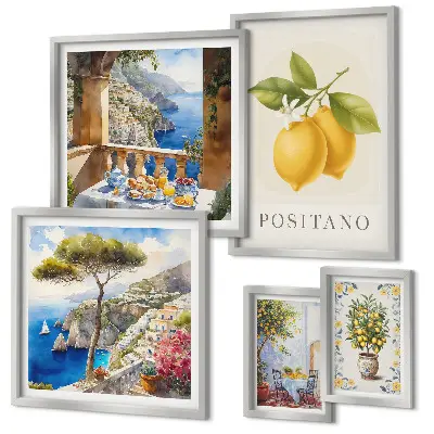 Set van moderne schilderijen met citrusaccenten in mediterrane stijl