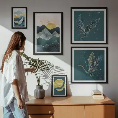 Moderne schilderijen set met stijlvolle bergen, vogels en een zon