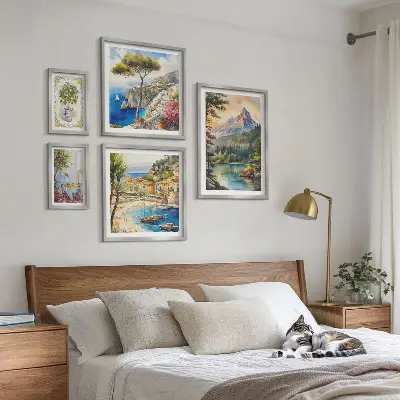 Moderne schilderijen set met landschappen van bergen en de zee