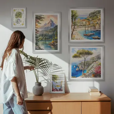 Moderne schilderijen set met landschappen van bergen en de zee