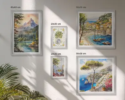 Moderne schilderijen set met landschappen van bergen en de zee