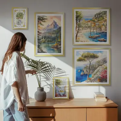 Moderne schilderijen set met landschappen van bergen en de zee