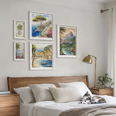 Moderne schilderijen set met landschappen van bergen en de zee