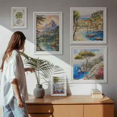 Moderne schilderijen set met landschappen van bergen en de zee