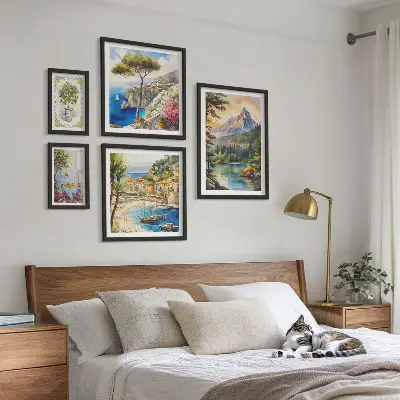 Moderne schilderijen set met landschappen van bergen en de zee