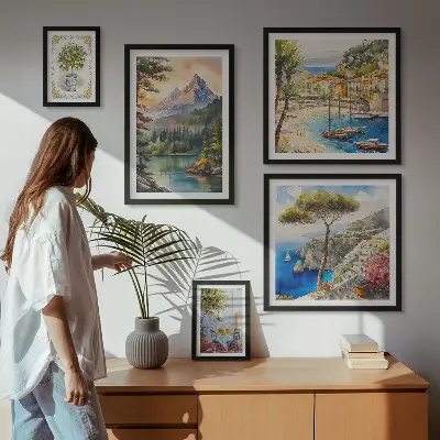 Moderne schilderijen set met landschappen van bergen en de zee