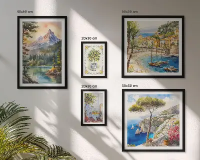 Moderne schilderijen set met landschappen van bergen en de zee