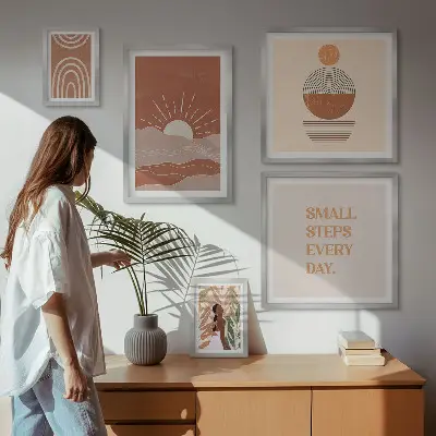 Set van moderne schilderijen met boho-stijl en natuurpositieve slogans