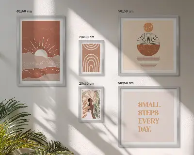 Set van moderne schilderijen met boho-stijl en natuurpositieve slogans