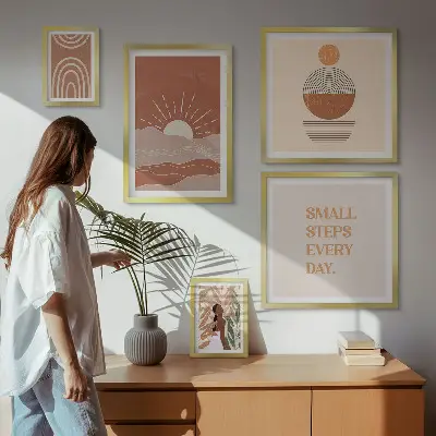 Set van moderne schilderijen met boho-stijl en natuurpositieve slogans