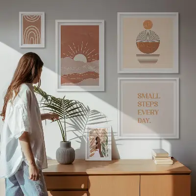 Set van moderne schilderijen met boho-stijl en natuurpositieve slogans