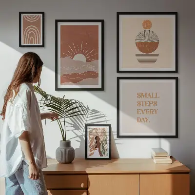 Set van moderne schilderijen met boho-stijl en natuurpositieve slogans
