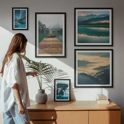 Schilderijen set met landschappen van watervallen en bergen